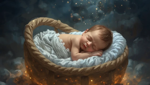 little baby sleeping in a wooden basket with white sheets