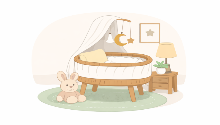 Crib Illustration of a white & brown crib with a yellow pillow and a white cover, with a bunny toy nearby and some hanging toys above