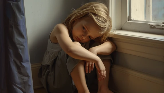 Sad little girl sitting in a corner of a room