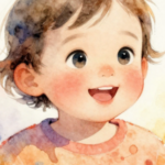 Illustration of a little child with red chicks laughing