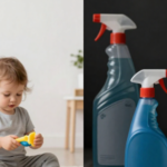 On the left a little baby sitting on the floor; on the right 2 spray bottles