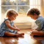 2 little kids on the wooden floor of the room near the window, playing