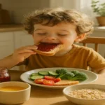 Kid eating vegetables, gem, fruits, oats